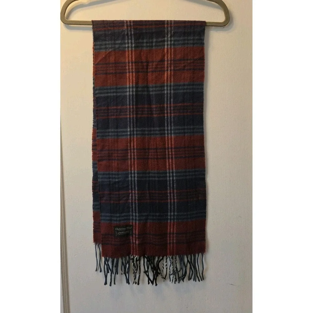 Vintage Christian Dior Cashmere Scarf Maroon Navy Plaid